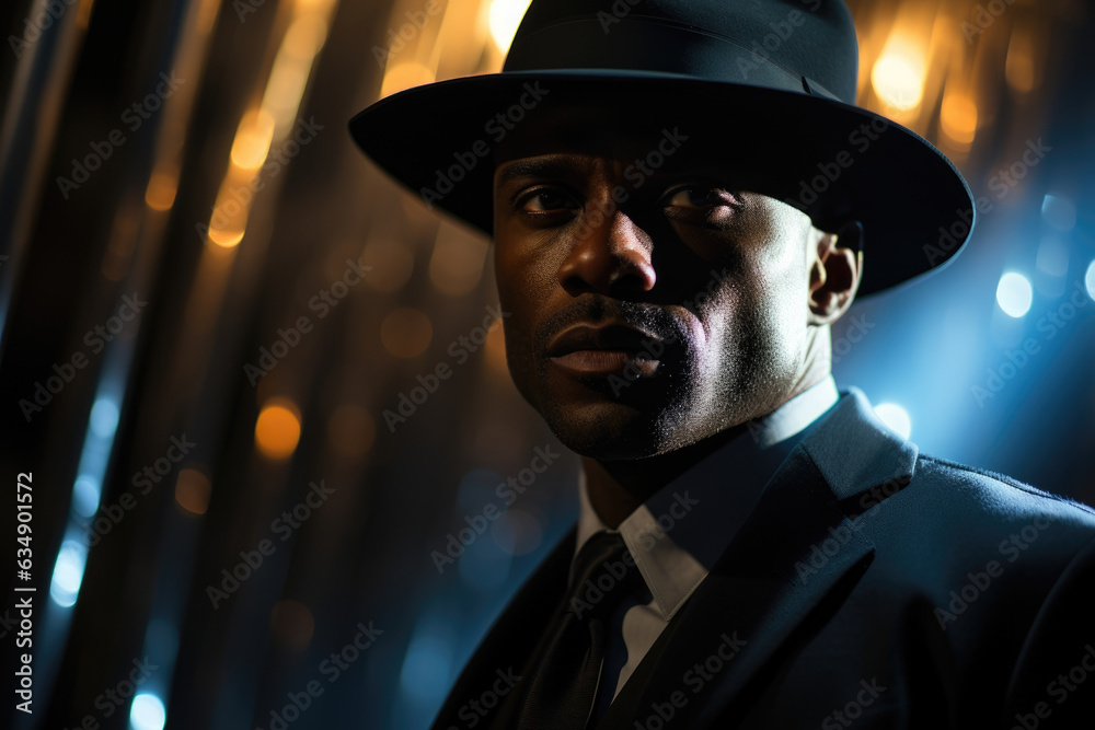 A statuesque Black man in a black suit and hat leaning against a clean