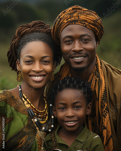 A PanAfrican family sitting closely together on a bright green hillside their poses demonstrating the perfect representation of unity photo