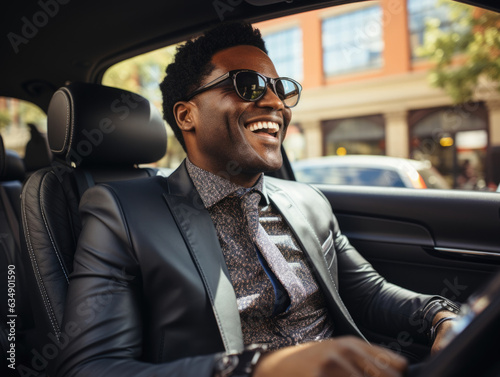 A muscular African American businessman sits in the drivers seat of a luxury vehicle holding the keys in triumph with a big smile on © Justlight