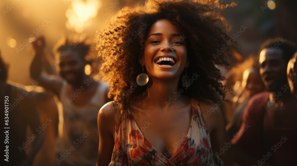 Three African Americans and four other persons of mixed races dancing together and sharing a moment of connection and joy framed by