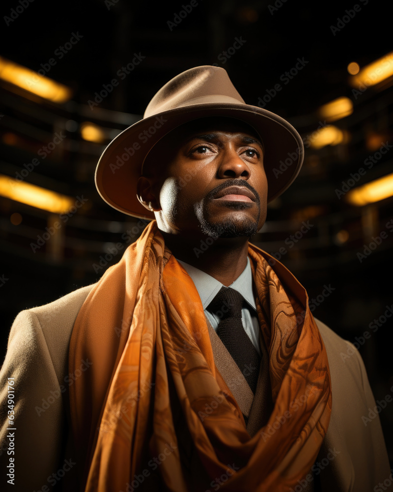 An African American man stands tall and proud wearing a suit and hat and wrapped in a large luxurious scarf. His hands are clasped