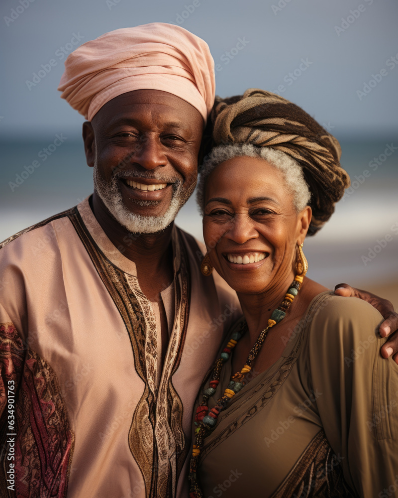 An older African American couple stands together on a beach embracing in a loving manner. Their expressions radiate peace and contentment An older African American couple stands together on a beach embracing in a loving manner. Their expressions radiate peace and contentment