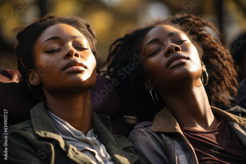 Two African American women catch their breath in a city park overwhelmed and drained from the pressures and expectations of modern