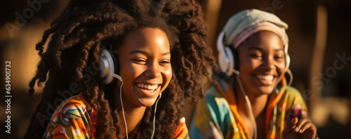Two teenage African girls stretched out on a beach blanket with their respective iPods in hand letting loose with happy laughter while