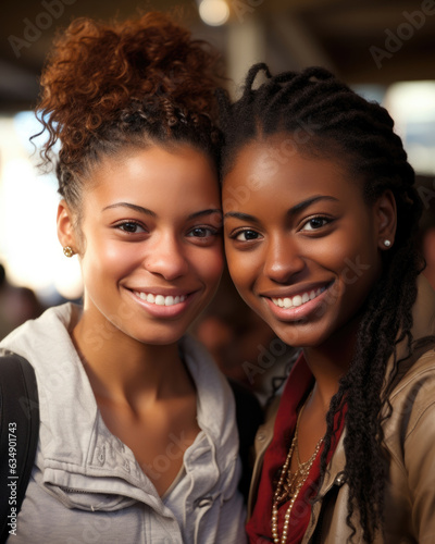 An intimate portrait of two close African American female friends one with an arm around the others shoulder smiling knowingly into photo