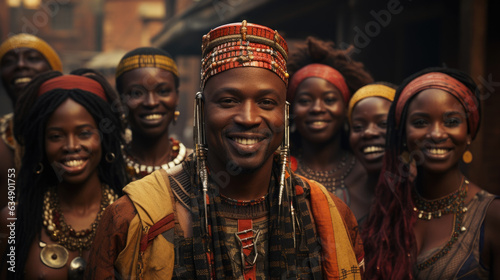 A team of African Americans decked out in bright traditional African garb stand against a red brick wall smitten with the excitement