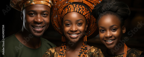 An African family stands in a domestic setting each adorned with a large hat. The mother and daughter are looking straight into the