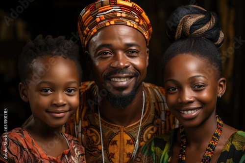 An African family stand in a circle smiling wide and looking happy to be together. Their different shades of skin blend together in