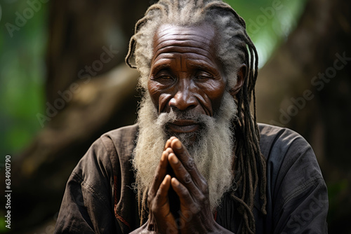 An elderly African man kneels in a peaceful forest setting deeply lost in prayer. His hands are clasped together in utmost devotion