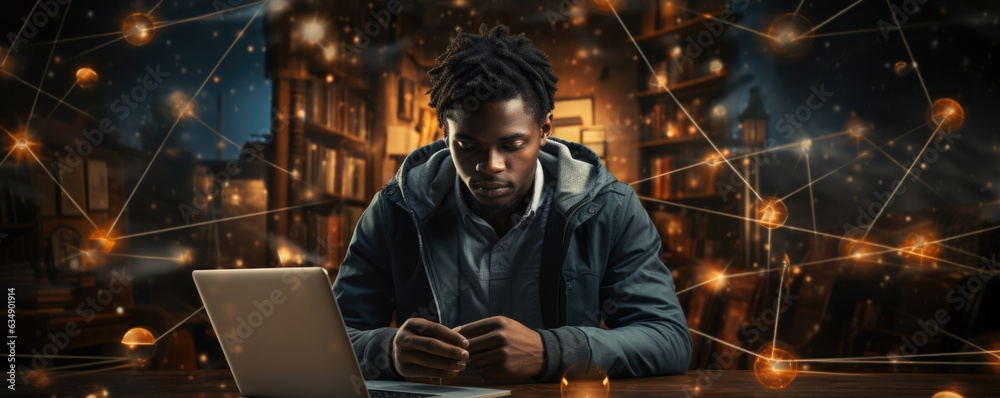 Black man sits at the desk in his home office his face illuminated by the light of his laptop as he creates an intricate web of algorithms. Black man sits at the desk in his home office his face illuminated by the light of his laptop as he creates an intricate web of algorithms.