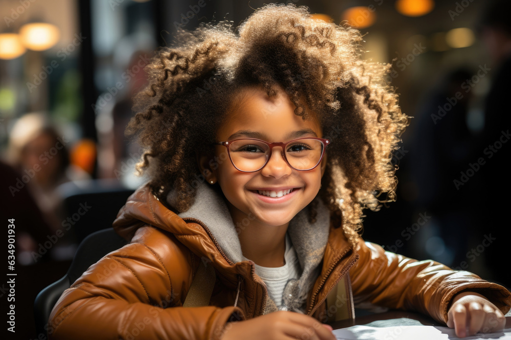 A wideeyed African American girl with glasses happily scribbling away in a journal eager to record her newly acquired understanding. A wideeyed African American girl with glasses happily scribbling away in a journal eager to record her newly acquired understanding.