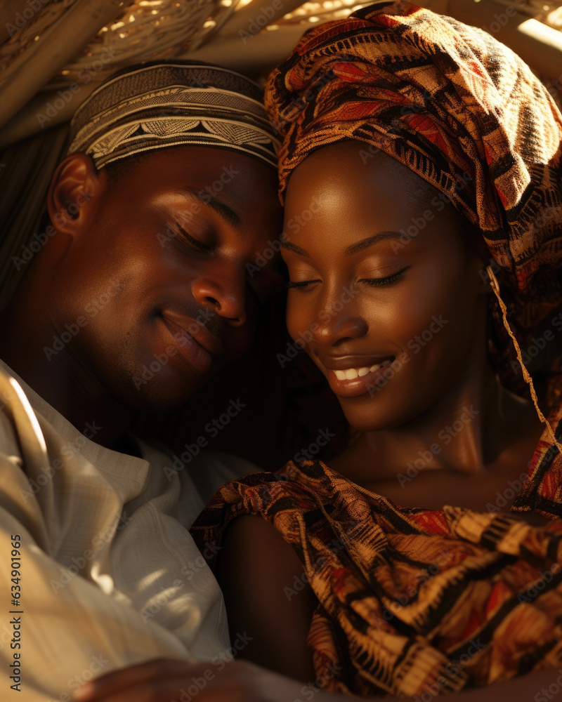 A beautiful African couple have claimed one of the hammocks for themselves lying in perfect peace and relaxation. His arm wrapped A beautiful African couple have claimed one of the hammocks for themselves lying in perfect peace and relaxation. His arm wrapped
