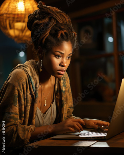 An African woman faces her computer screen hunched in focus over her keyboard. Her expression is determined and intense as she races