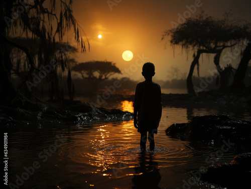 An African child stands in reverence on the banks of a shimmering river his black curls dancing in the moonlight as he looks out over