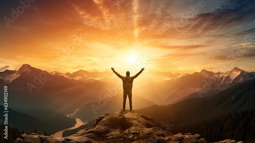 Silhouette of man stand and feel happy on the most hight at the mountain on sunset  success  leader  teamwork  target  Aim  confident  achievement  goal  on plan  finish  generate by AI