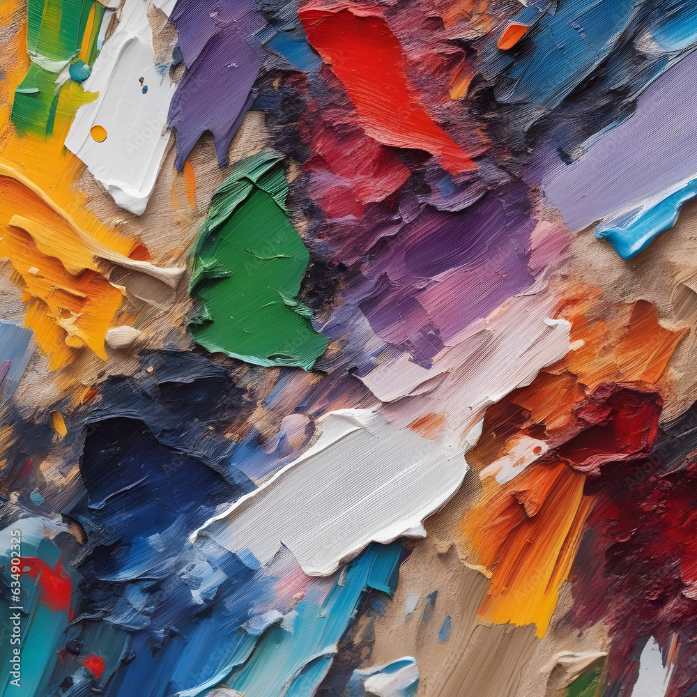 Closeup of abstract rough colorful multicolored art painting texture, with oil brushstroke, pallet knife paint on canvas. Generative AI (생성형 AI)