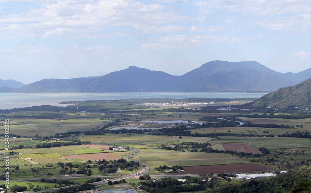 View of the countryside, ocean and mountains from the Henry Ross Lookout on the MacAlister Range in Far North Queensland, Australia