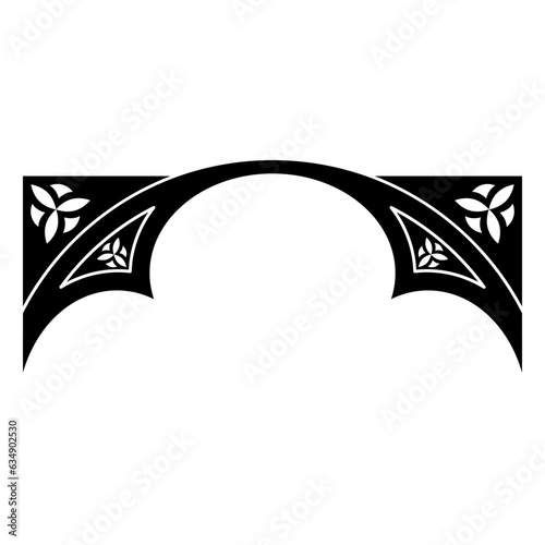 Medieval European arch frame in Gothic style. Geometrical architectural detail. Black and white silhouette.
