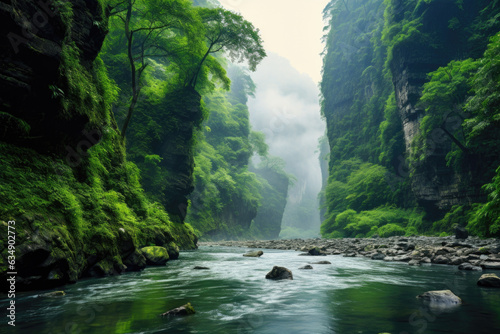 A river flowing through a deep gorge with steep walls covered in greenery. The gorge walls are covered in lush green vegetation and trees  mist  serene  peaceful