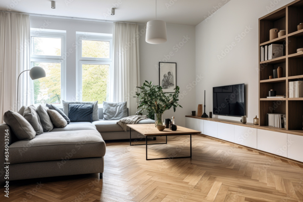 Fototapeta premium Living room with a minimalist design. The room has a large window with white curtains, a gray sofa, a wooden coffee table, and a wooden bookshelf, large flat-screen TV, floor lamp