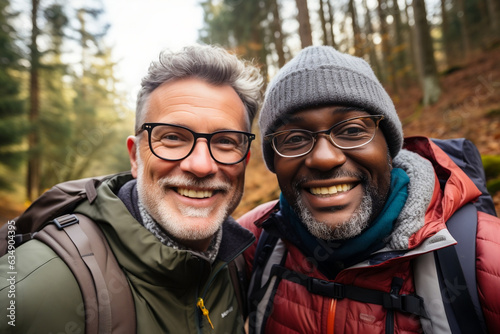 Adventurous Love, Active retired interracial gay couple hiking outdoors