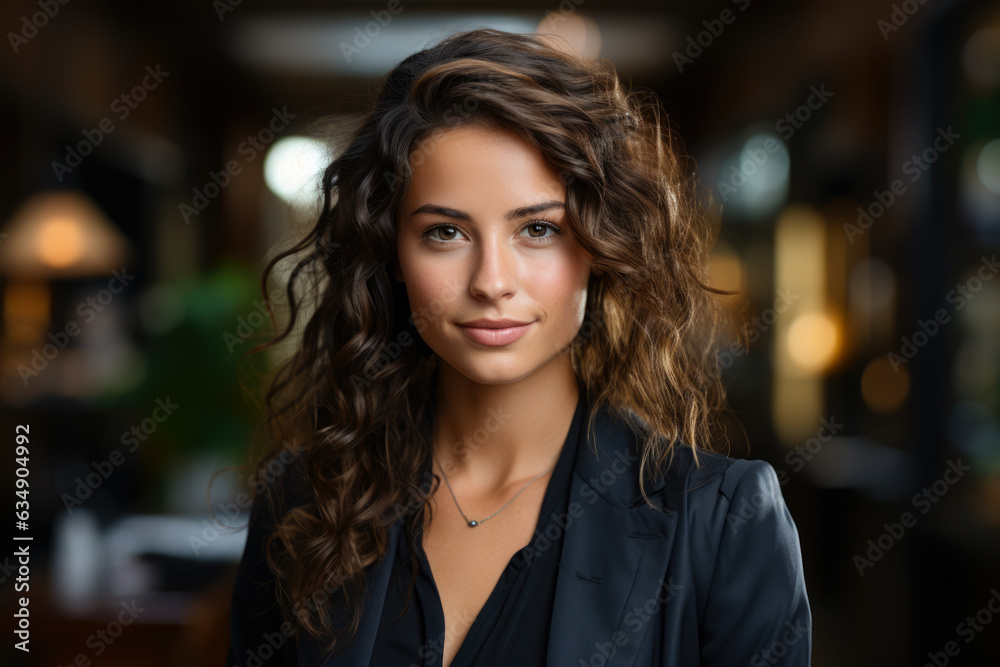 A Confident and Ambitious Woman with Long Brown Hair Embracing Individuality in a Modern Workplace
