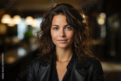 Confident and Ambitious: A Motivated Businesswoman in a Contemporary Leather Jacket, Smiling Fearlessly at the Camera photo