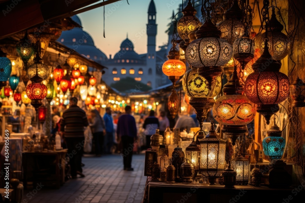 Bazaar of Colors: Hyper-Realistic Istanbul Marketplace, Spice Stalls, Merchants' Calls, Glowing Lanterns, and Mosque Silhouette
