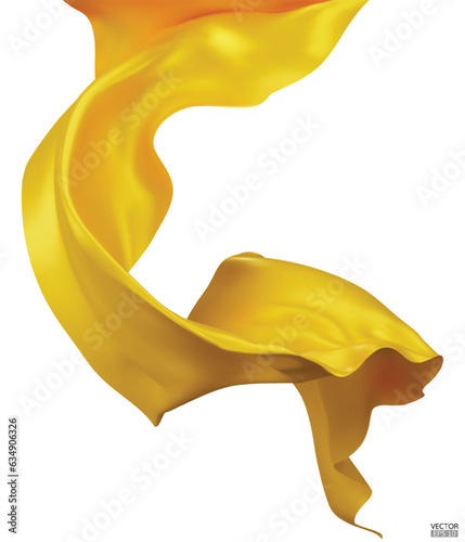 Flying yellow silk textile fabric flag background. Smooth elegant yellow Satin Isolated on white Background for grand opening ceremony. Flying yellow silk vertical image. 3d vector illustration