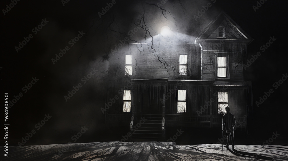Fototapeta premium Beautiful Spooky House with LIghts Inside