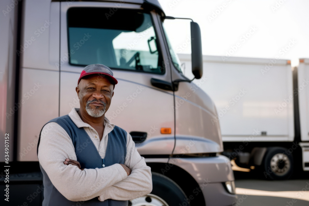 Authentic portrait of a proud, confident African American truck driver standing before his truck, symbolizing the vigor of shipping and transport industry Authentic portrait of a proud, confident African American truck driver standing before his truck, symbolizing the vigor of shipping and transport industry
