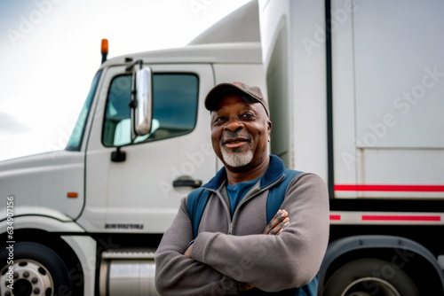 Authentic portrait of a proud, confident African American truck driver standing before his truck, symbolizing the vigor of shipping and transport industry