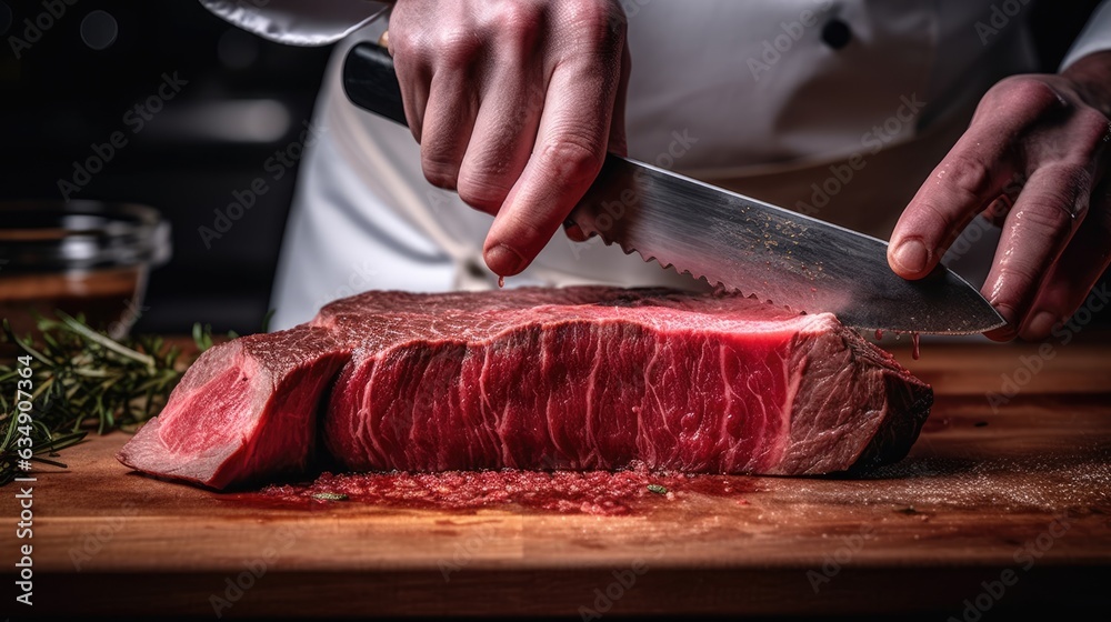 Chef's hands cutting a steak