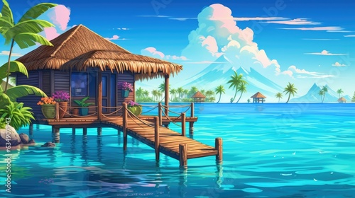 Luxury over water bungalow in the Maldives or Bora Bora. Expensive tropical vacation Illustration © MelissaMN