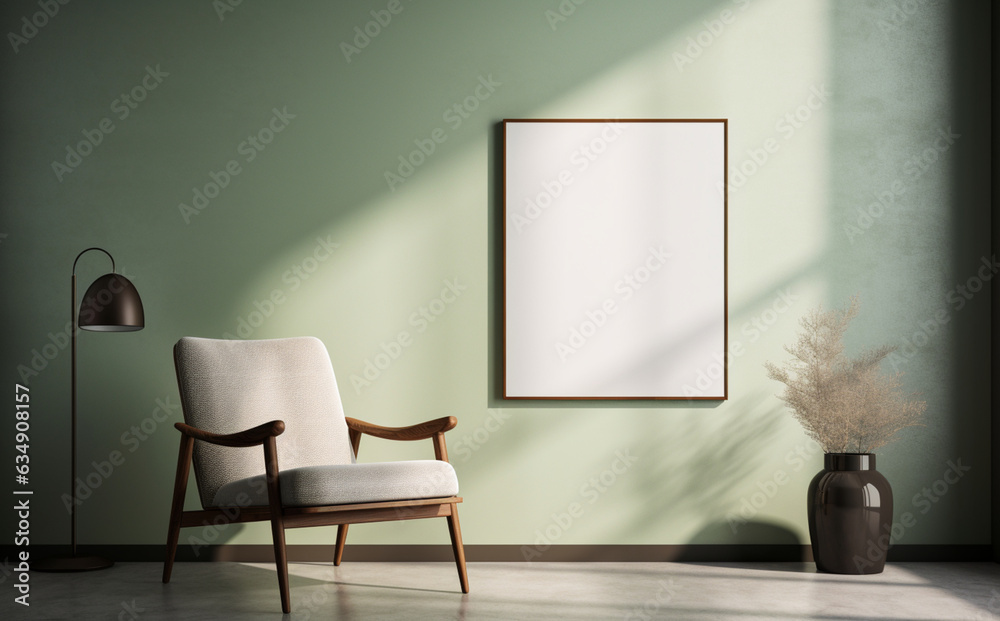 Stylish Living Room with Minimalist Sofa and Blank Frames for Art Display.Generative AI  アートディスプレイのためのミニマリストソファと空白のフレームがあるスタイリッシュなリビングルーム