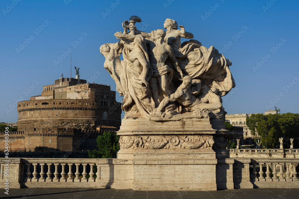 Obraz premium Political Triumph (Proclamation of Italian Unification), on the Ponte Vittorio Emanuele II over the River Tiber, with Castel Sant'Angelo in the background, Rome, Italy