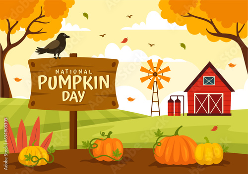 National Pumpkin Day Vector Illustration on 26 October with Cute Cartoon Style Pumpkin Character on Garden Background Hand Drawn Template