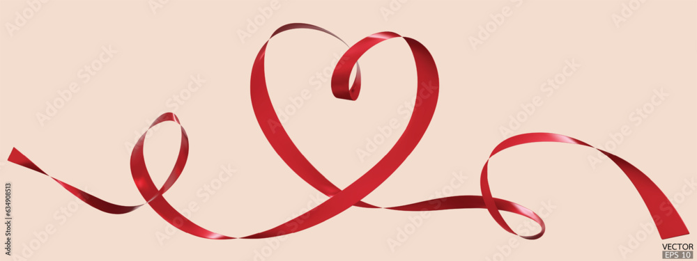 Red ribbons heart isolated on beige background. Continuous ribbon line art drawing. Element for Valentine's day, mother's day wedding and print. 3D vector illustration.