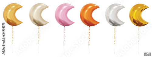 Set of realistic vector gold, pink Crescent Moon balloons isolated on white background. Helium Moon balloons clipart for anniversary, birthday, wedding, party.