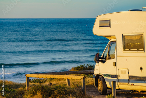 Camper rv camping on sea shore, Spain