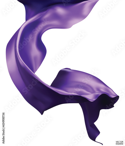 Flying purple silk textile fabric flag background. Smooth elegant purple Satin Isolated on white Background for grand opening ceremony. Flying purple silk vertical image. 3d vector illustration