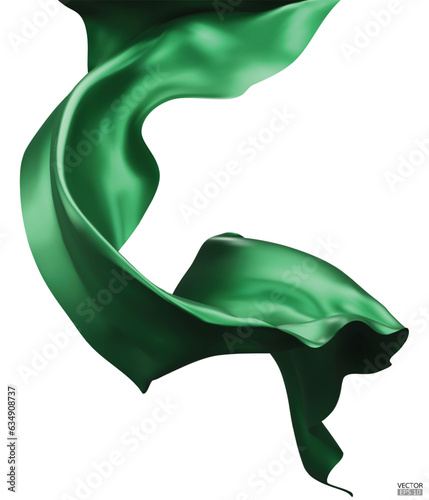 Flying green silk textile fabric flag background. Smooth elegant green Satin Isolated on white Background for grand opening ceremony. Flying green silk vertical image. 3d vector illustration