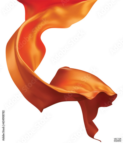 Flying orange silk textile fabric flag background. Smooth elegant orange Satin Isolated on white Background for grand opening ceremony. Flying orange silk vertical image. 3d vector illustration