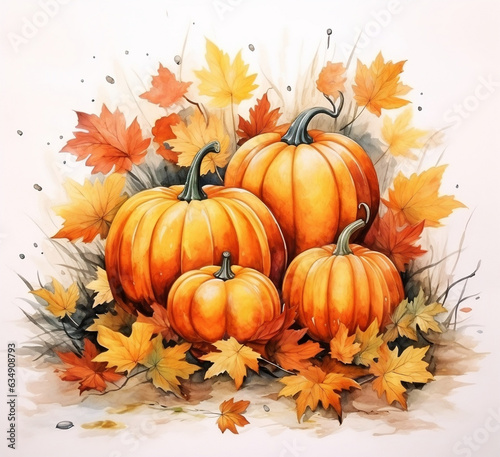 Autumnal Watercolor, Vibrant Fall Leaves and Pumpkins © Ash