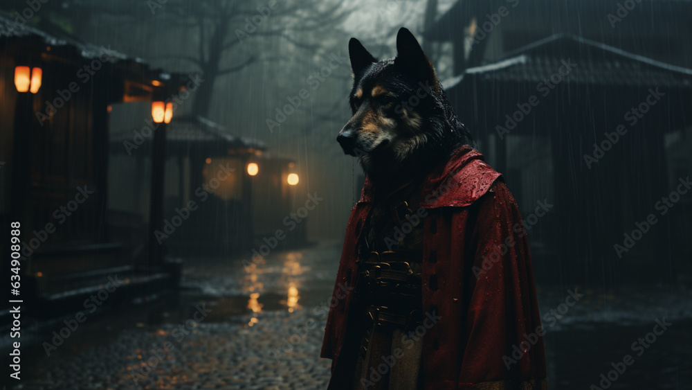 Horror movie style: Shiba Inu samurai walking alone on the rainy japanese village for revenge. AI art. 