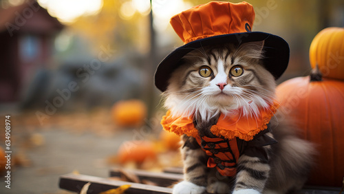 Shocked mad hatter portrayer cat staring at the camera for Halloween spook. AI art. photo