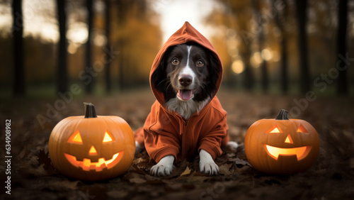 Happy dog in a hoodie posing with his favourite pumpkins, ready for Halloween. AI rt. 