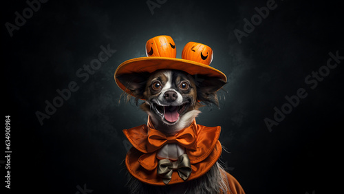 Dorky dog wearing a pair of tiny pumpkins on the hat to celebrate Halloween. AI art.  photo