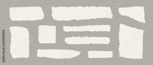 Set of torn paper pieces. Beige shapes with jagged uneven edges. Ripped different fragments collection. Textured grunge element bundle for collage, text box, banner, sticker, poster. Vector