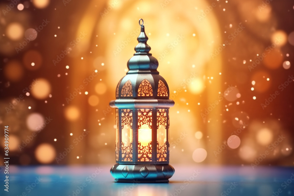 Ornamental Arabic lantern with burning candle glowing . Festive greeting card, invitation for Muslim holy month Ramadan Kareem. Ramadan Kareem greeting photo with serene mosque background Ornamental Arabic lantern with burning candle glowing . Festive greeting card, invitation for Muslim holy month Ramadan Kareem. Ramadan Kareem greeting photo with serene mosque background